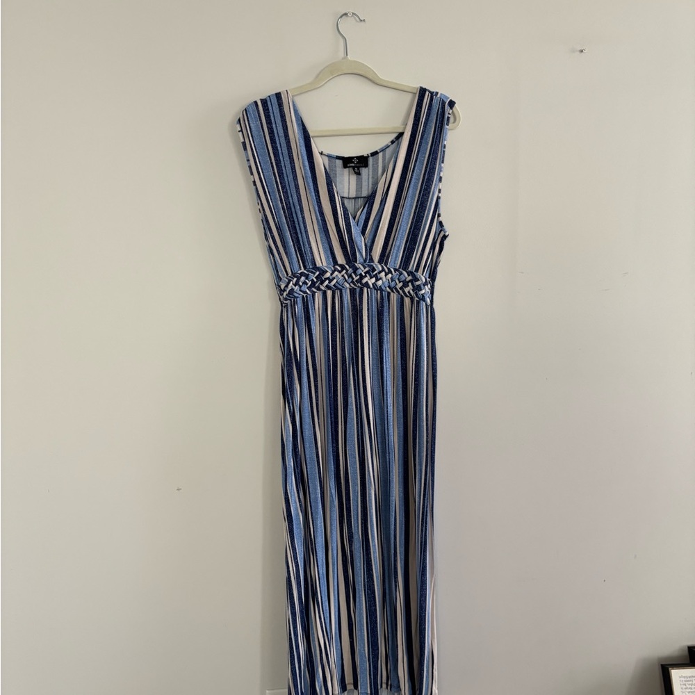 Striped Blue and White Maxi Dress with Braided Waist